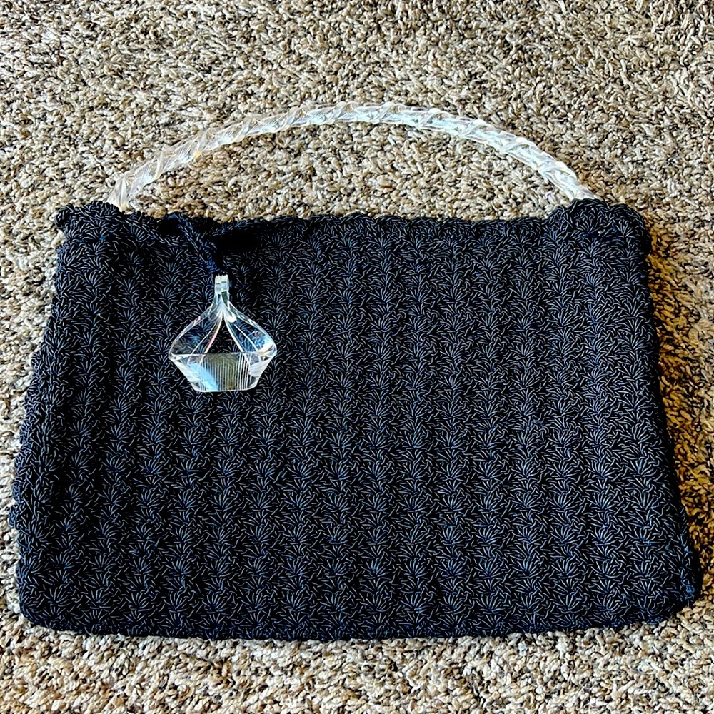 Vtg 1940s Black Genuine korday Corde Handbag Clutch Purse Lucite Curved Pull